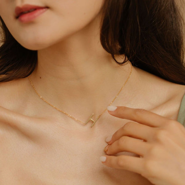 Solid gold sideways clearance initial necklace