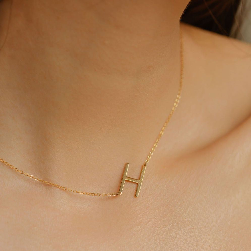 Sideways Medium Letter Necklace with Initial H
