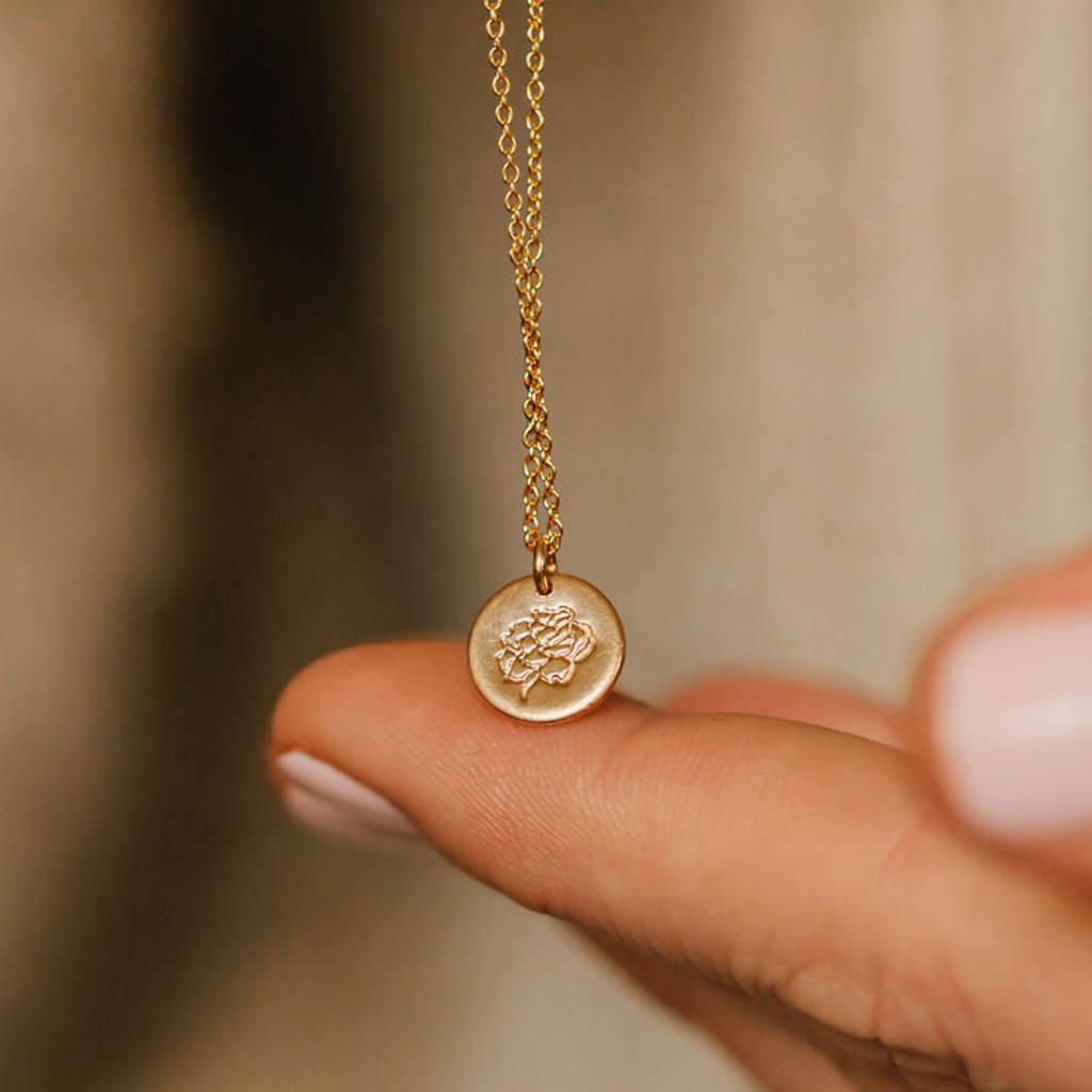 january birth flower, carnation, necklace in gold