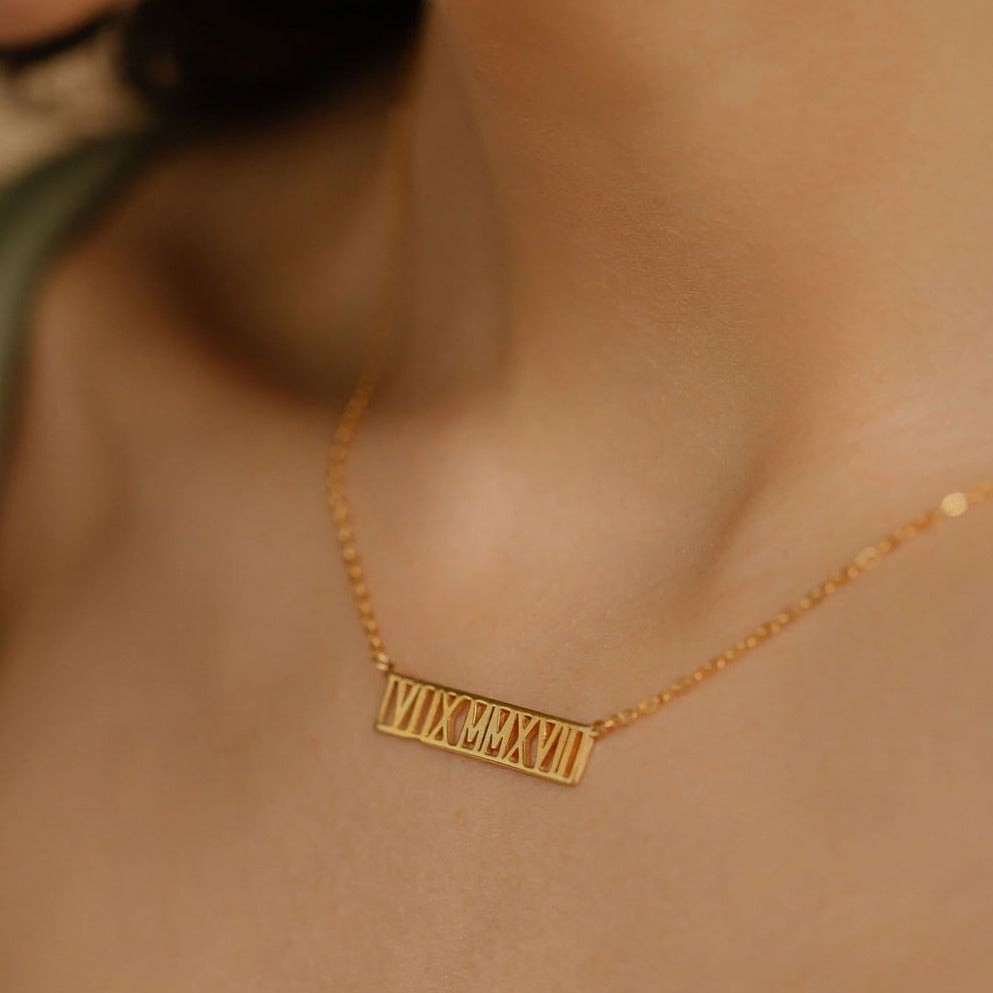 Roman Numeral Cut Out Bar Necklace