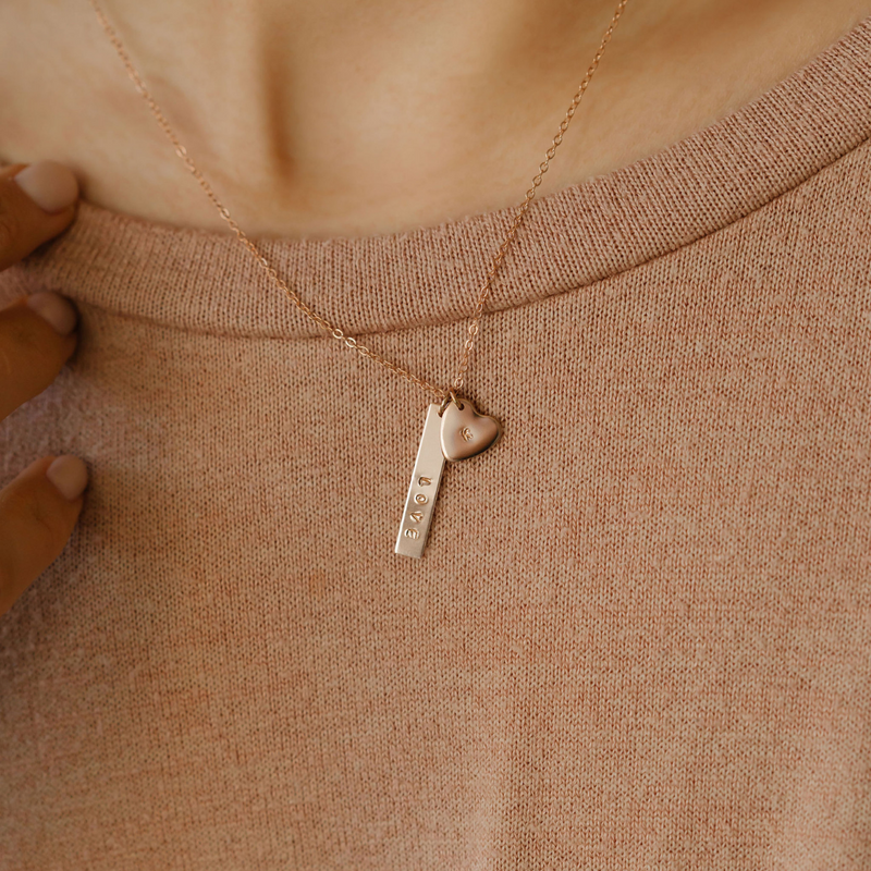 hand stamped heart and vertical bar necklace