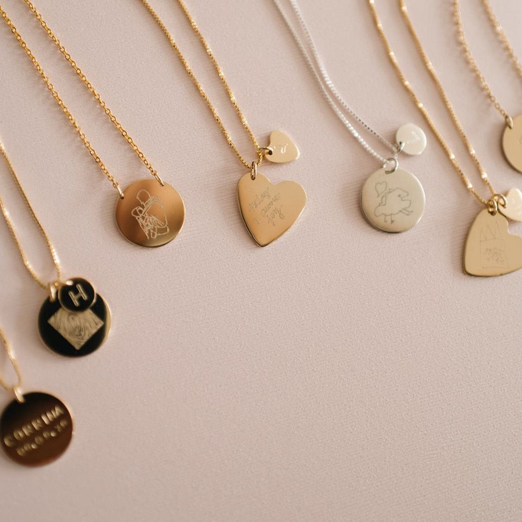 Variety of custom handwriting necklace in coin and heart pendants 