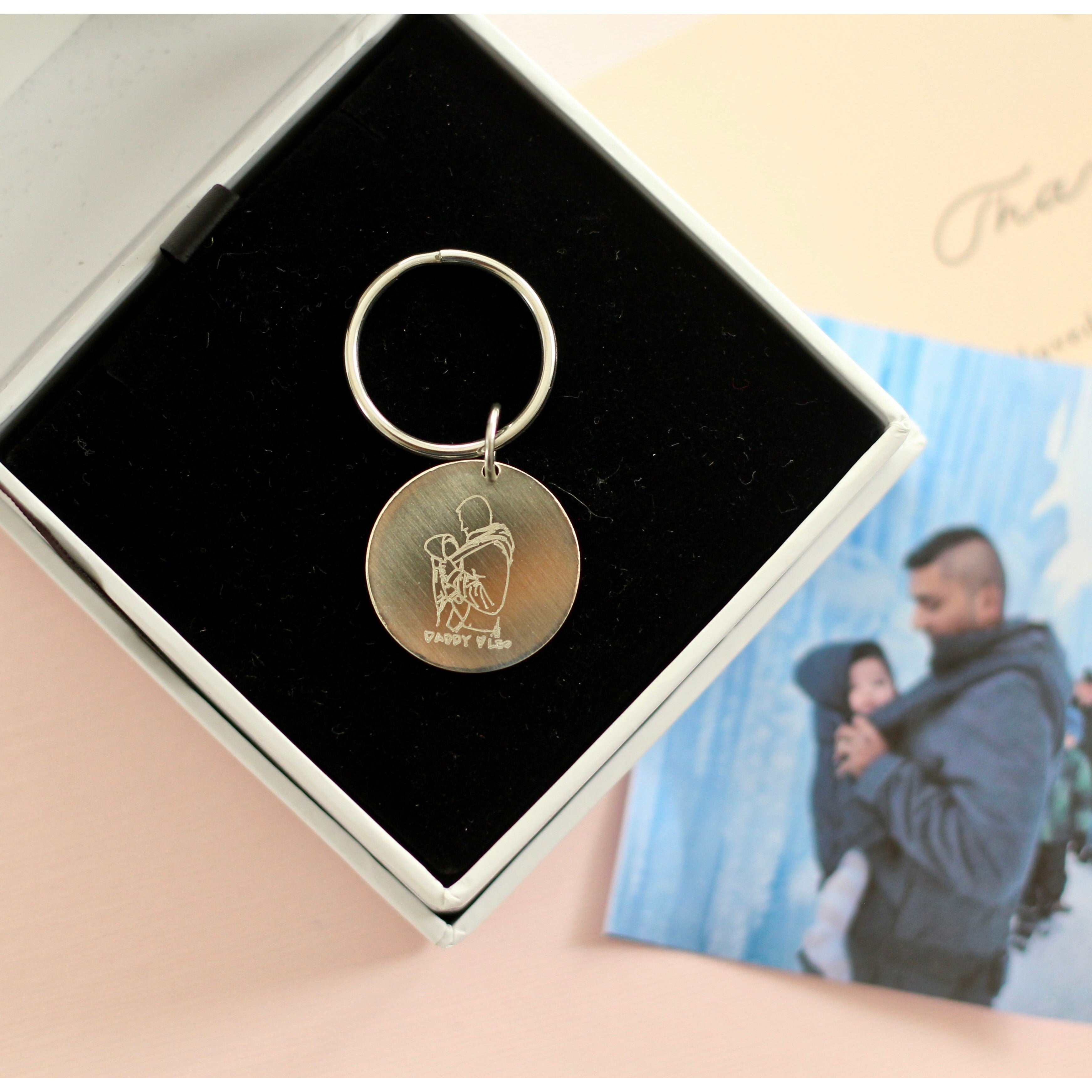 Custom handmade sterling silver coin key chain with personalized photo engraved 