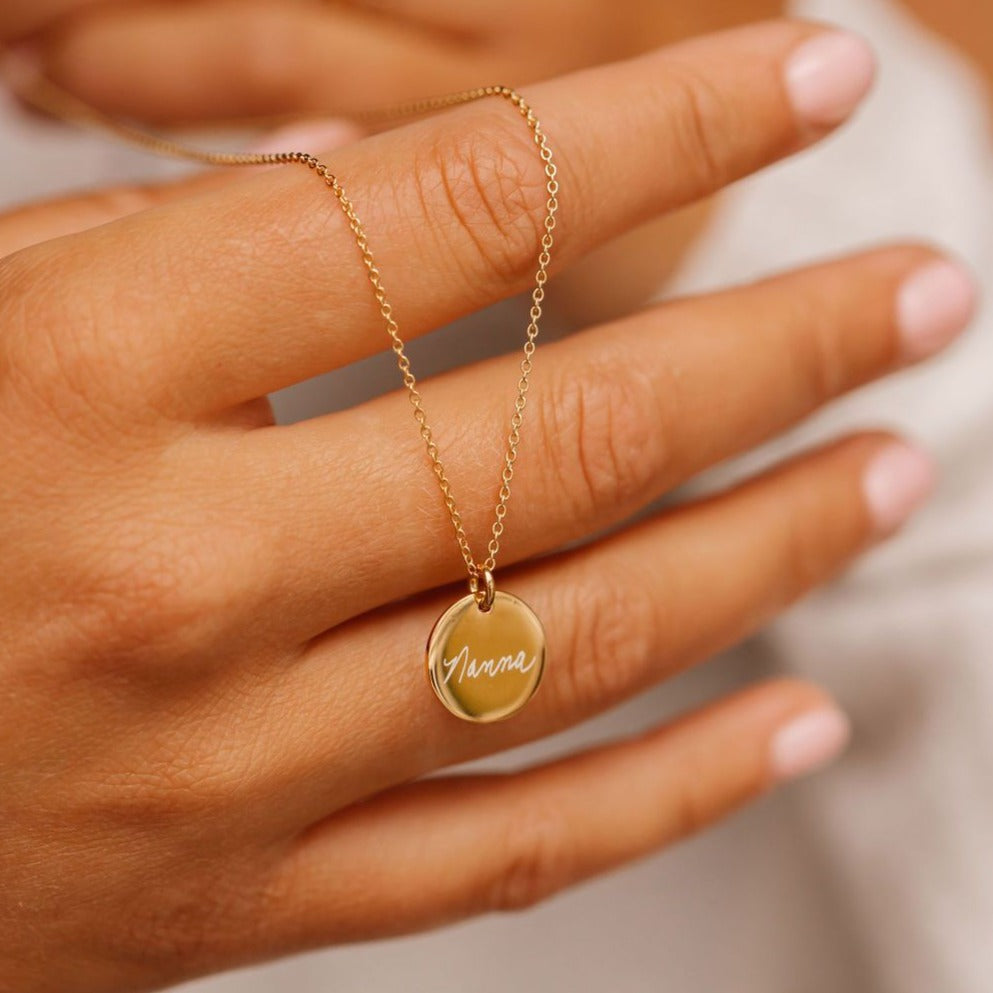 handwriting coin necklace in gold